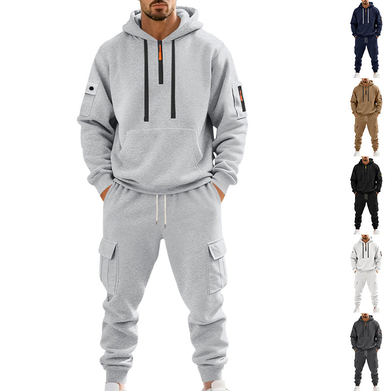 Herren nan zweiteiliges Utility-Freizeitset Hoodie mit halbhohem Reißverschluss, Ärmeltasche und Cargo-Jogginghose mit Klappentaschen Drune
