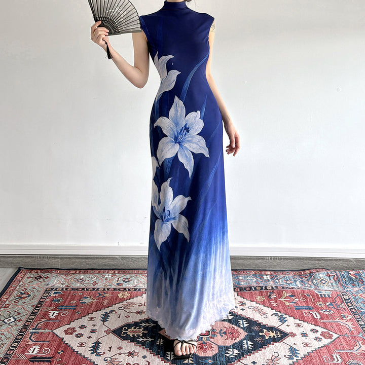 Damen Maxikleid mit floralem Design und elegantem Stehkragen Drune