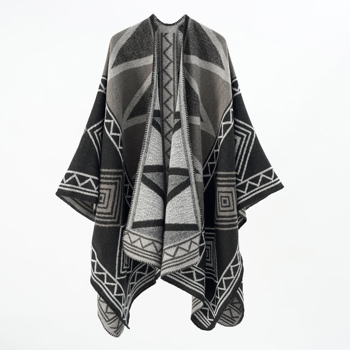 Damen Geometrischer Wollmix-Überwurfponcho mit Kettelkante Drune