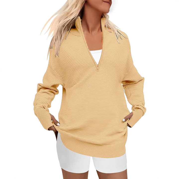 Damen Oversize-Feinstrickpullover mit halbem Reißverschluss, Stehkrragen und Daumenloch-Ärmeln Drune