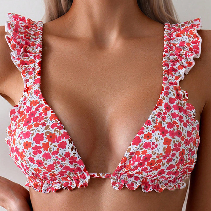 Damen Triangel-Bikini mit fröhlichem Blumenmuster und eleganten Rüschendetails Drune