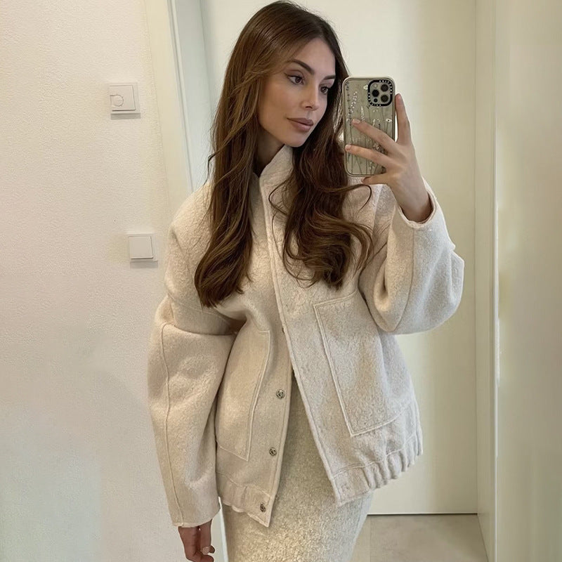 Damen Oversized Strickjacke aus weichem Teddystoff mit Stehkragen und seitlichen Taschen Drune