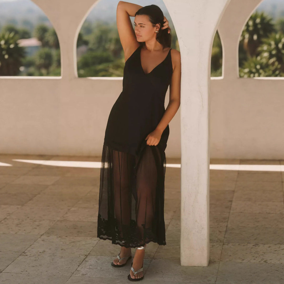 Damen nan zweiteiliges Maxikleid mit V-Ausschnitt, Spaghettiträgern und transparentem Tüllrock Drune