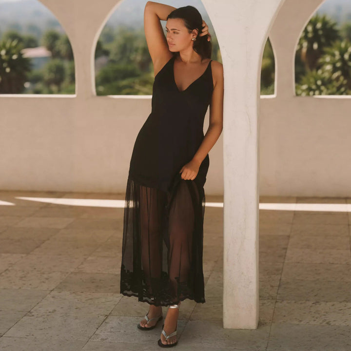Damen nan zweiteiliges Maxikleid mit V-Ausschnitt, Spaghettiträgern und transparentem Tüllrock Drune