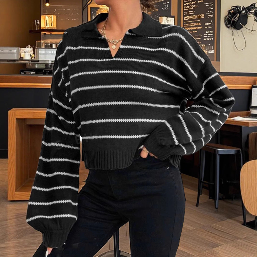 Damen moderner cropped Pullover mit Streifen und tiefem V-Ausschnitt Drune