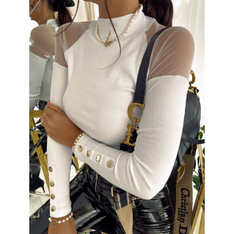 Damen Langarmshirt mit transparenten Ärmeln und Knopfdetails Drune