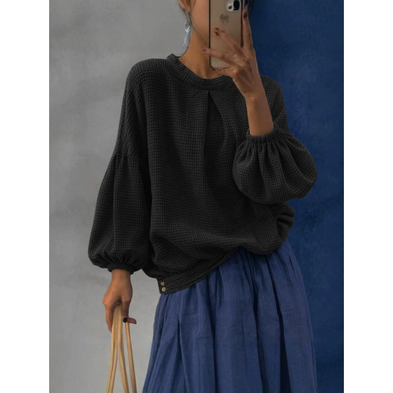 Damen Oversize Waffelstrickpullover mit Ballonärmeln und Kellerfalte Drune