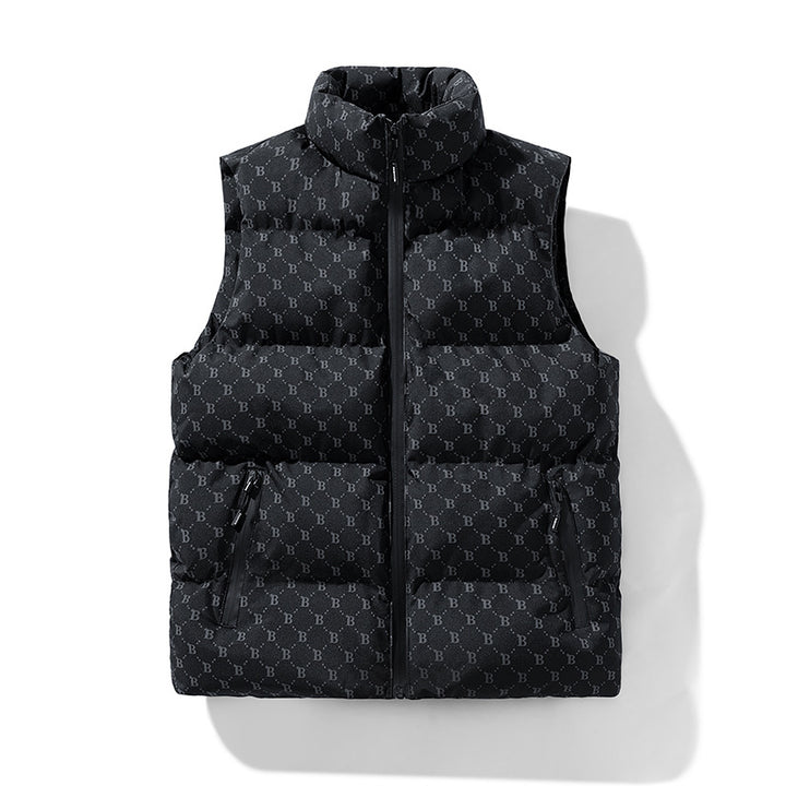 Herren gesteppte Utility-Steppweste mit Monogramm‑Print und Stehkragen Drune