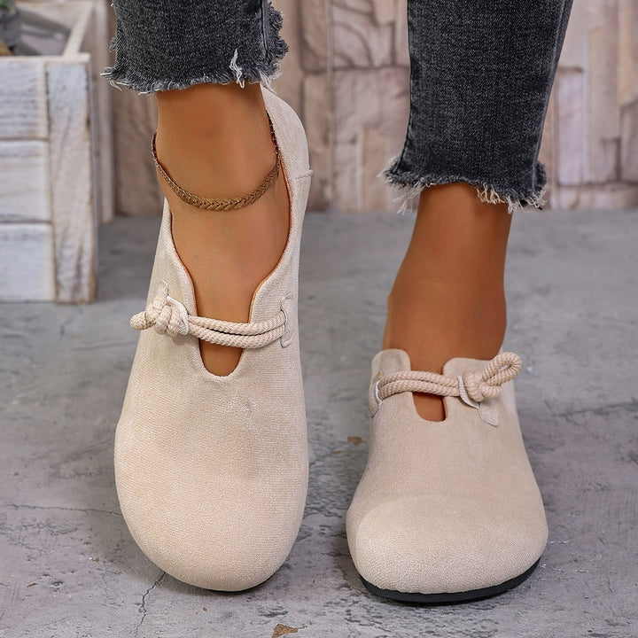 Damen  komfortable Slipper aus Veloursoptik mit dekorativem Knotenriegel und weich gepolstertem Fußbett Drune