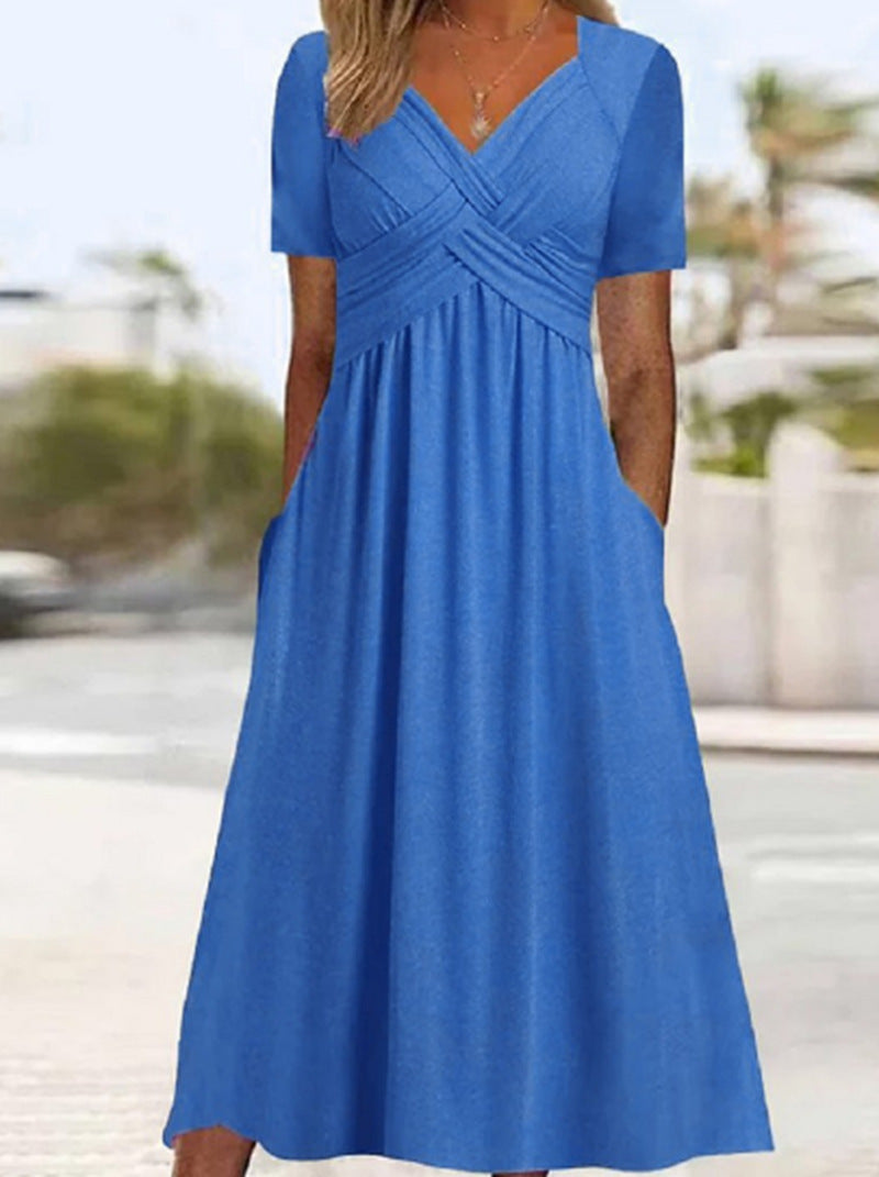 Damen nan luftiges V-Ausschnitt Midikleid mit überkreuzter Brustpartie, kurzen Ärmeln und Eingrifftaschen Drune
