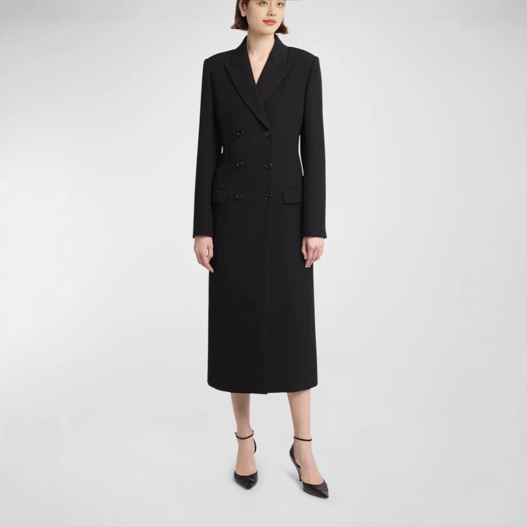 Damen Midilanger Doppelreihiger Blazer‑Mantel mit strukturierter Schulter und schlanker Passform Drune
