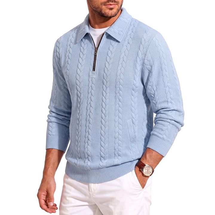 Herren Polokragen-Strickpullover mit Zopfstruktur und Halbzip Drune