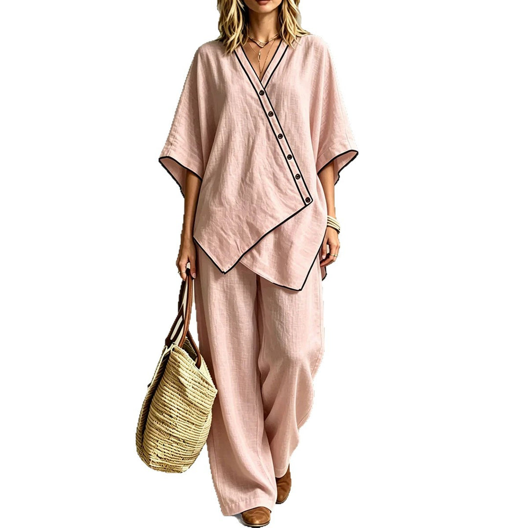 Damen Asymmetrisches Tunika-Loungewear-Set mit diagonaler Knopfleiste und weiter Palazzohose Drune