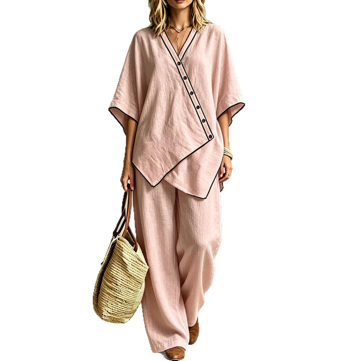 Damen Asymmetrisches Tunika-Loungewear-Set mit diagonaler Knopfleiste und weiter Palazzohose Drune