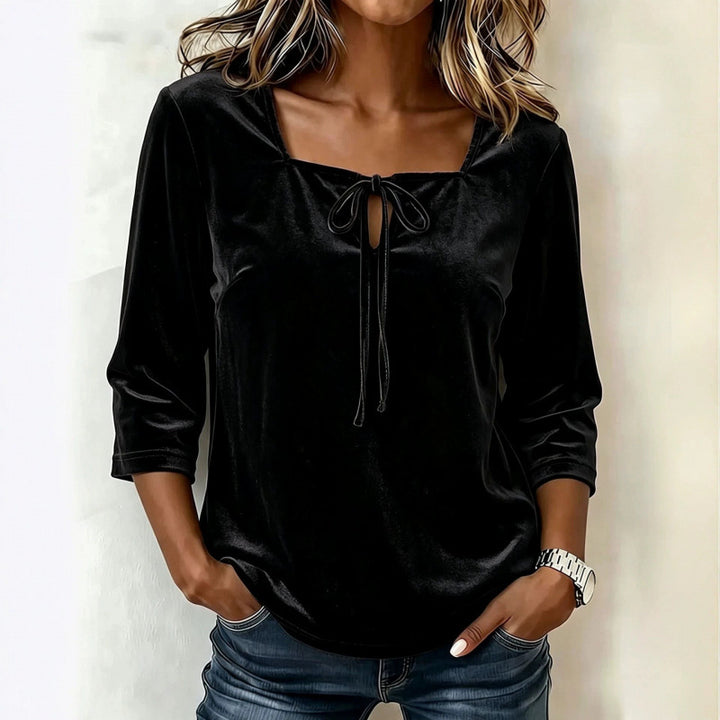 Damen Samtbluse mit eckigem Ausschnitt, Kordelzug und dreiviertel Ärmeln Drune