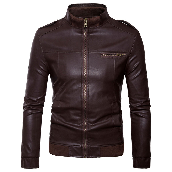 Herren Bikerinspirierte Kunstleder-Bomberjacke mit Stehkragen, Rippbündchen und Schulterpatten Drune