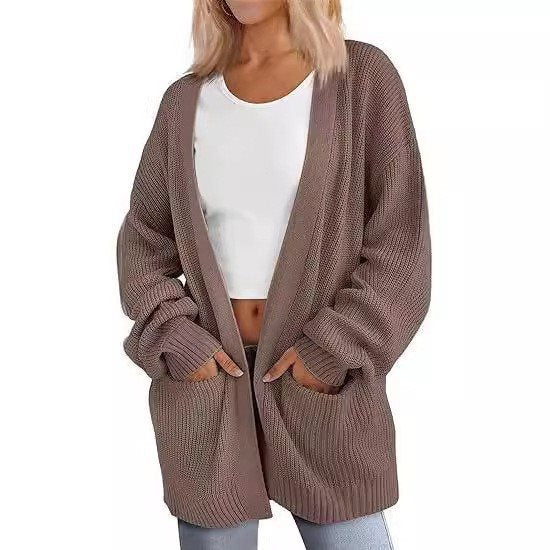 Damen lässige Strickjacke mit weiten Ärmeln und tiefem V-Ausschnitt Drune