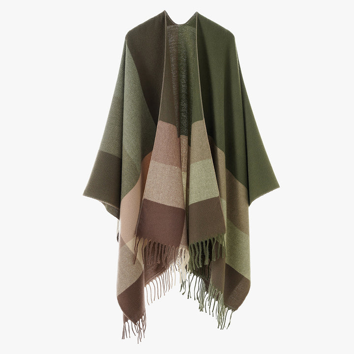 Damen Wickel-Cape aus Wollmix mit Karomuster und Fransen Drune