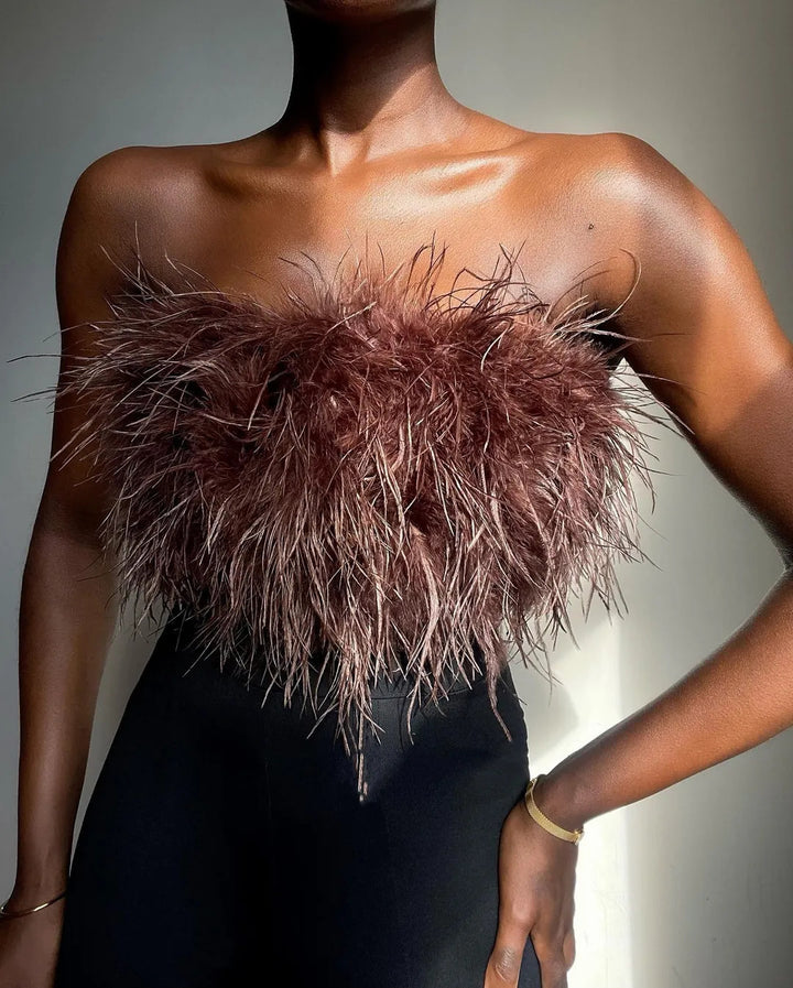 Damen Modische Top mit aufregendem Federn und schulterfreiem Design Drune