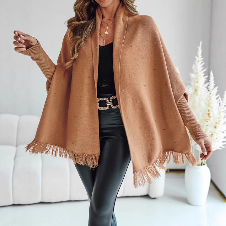 Damen Fransen‑Poncho‑Cardigan mit dekorativem Taillengürtel und Rippbündchen Drune