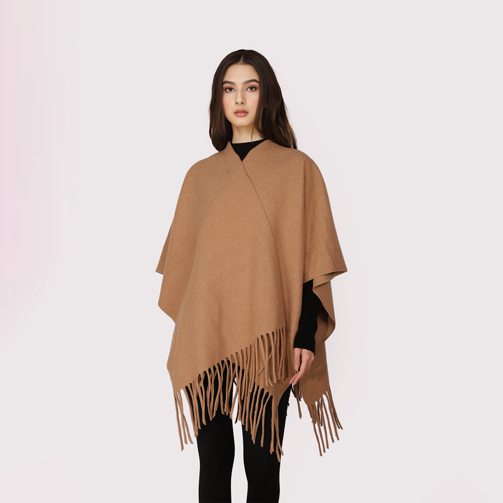 Damen Kaschmir‑Optik Capeponcho mit Fransen und offenem Oversize‑Schnitt Drune