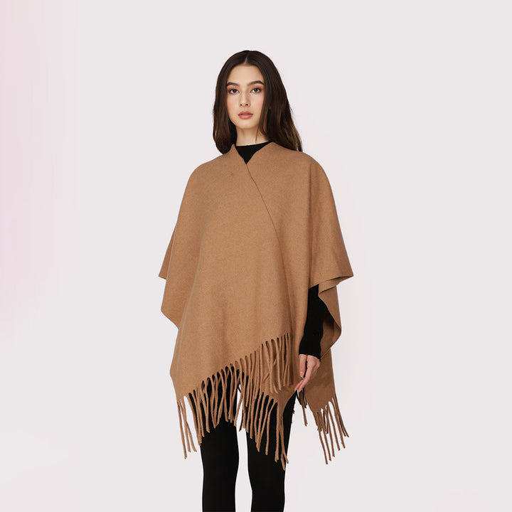 Damen Kaschmir‑Optik Capeponcho mit Fransen und offenem Oversize‑Schnitt Drune