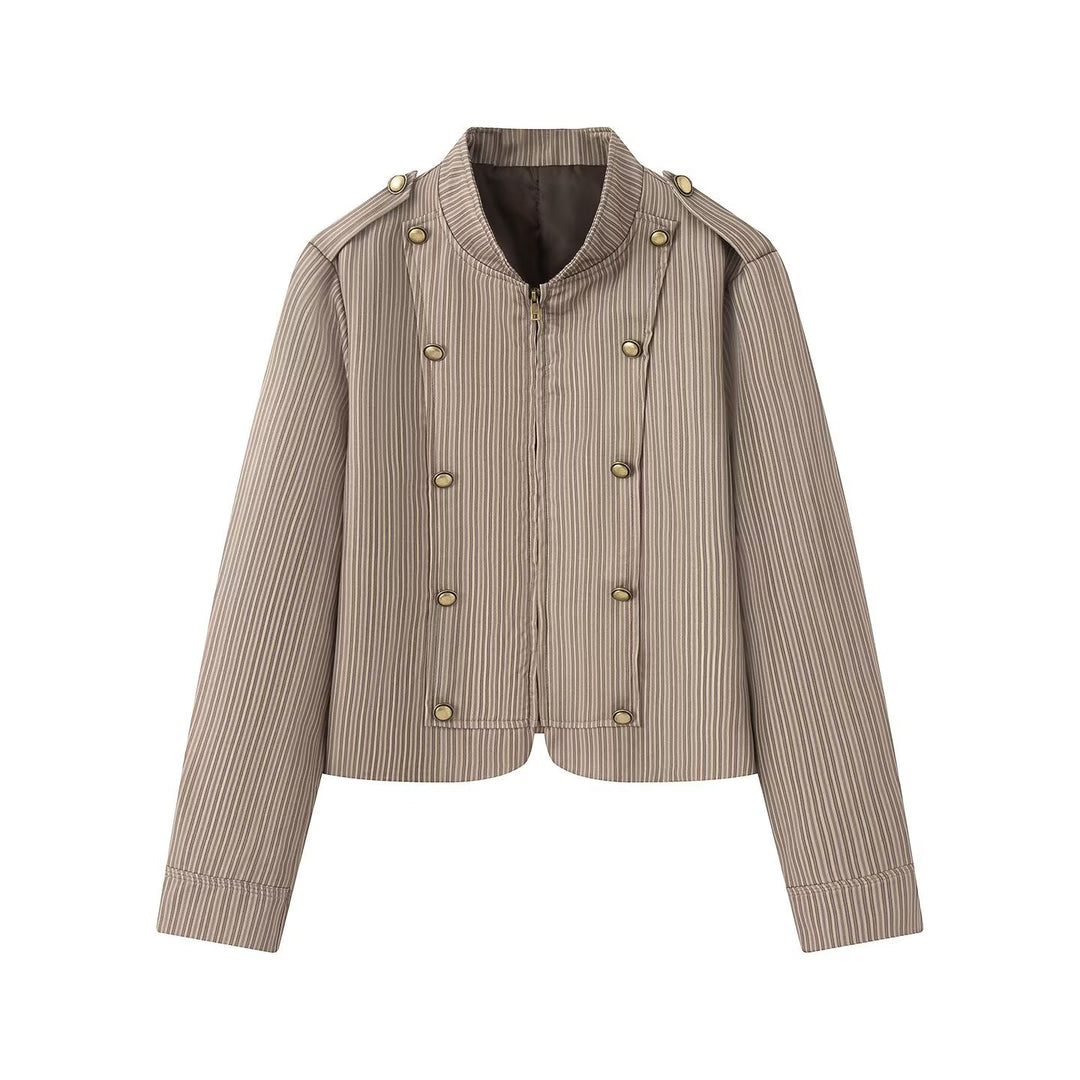 Damen Kurzjacke im Military-Stil mit Stehkragen und Zierknopfreihe Drune