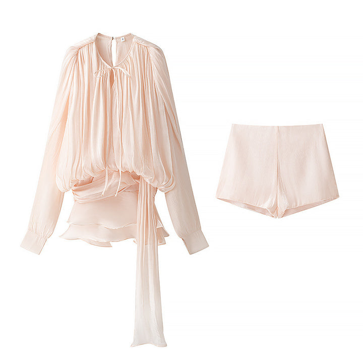 Damen nan luftiges Chiffon-Wickelblusen-Set mit Schärpe und Lagen-Shorts Drune