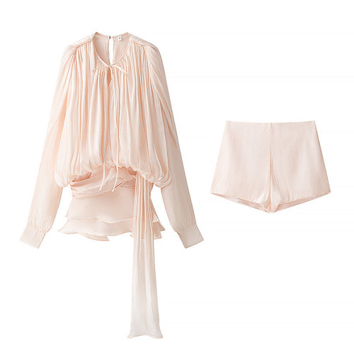 Damen nan luftiges Chiffon-Wickelblusen-Set mit Schärpe und Lagen-Shorts Drune