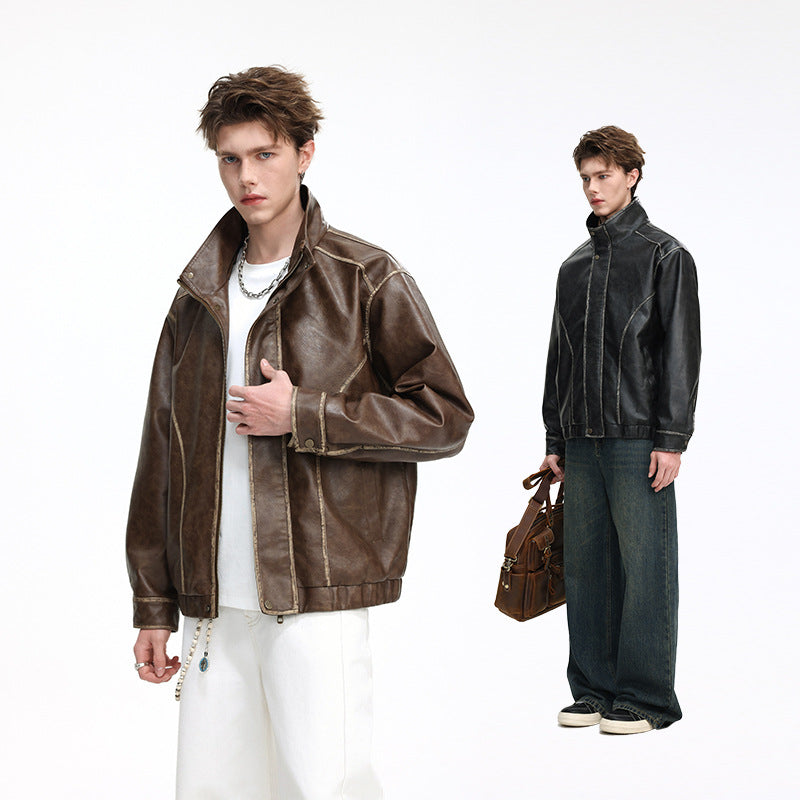 Herren Lederoptik-Blouson mit Stehkragen, Reißverschluss und Ziernähten Drune