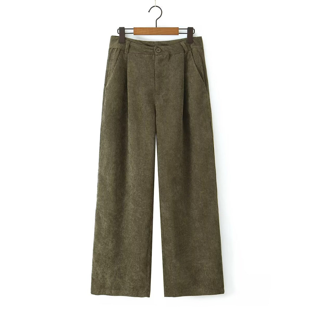 Damen Hochtaillierte Cordhose mit weitem Bein und Bundfalten Drune
