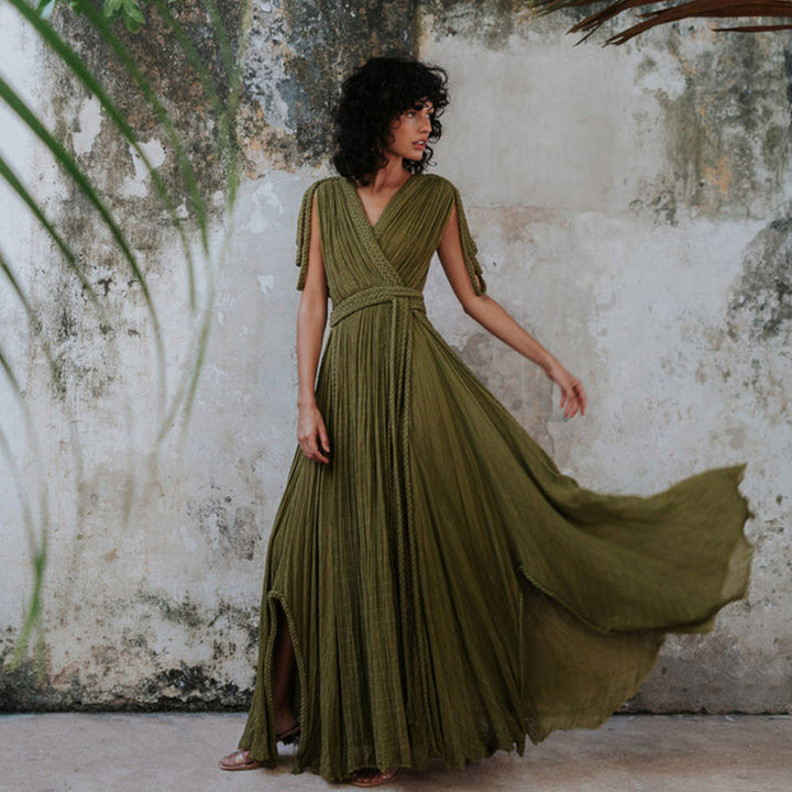 Damen Maxikleid mit tiefem V-Ausschnitt und seitlichem Schlitz Drune