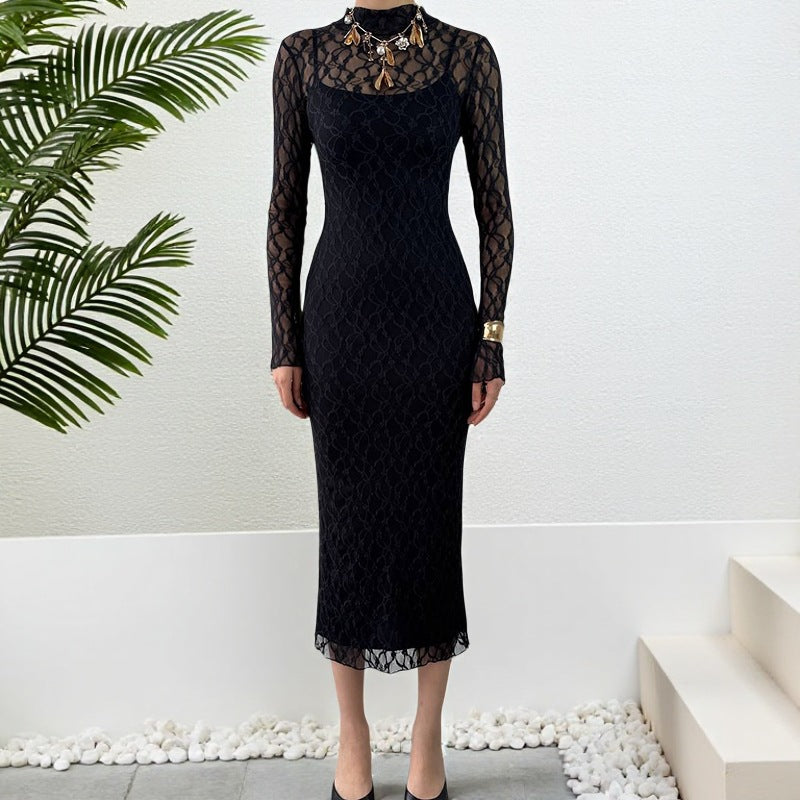 Damen Elegantes Kleid mit transparenten Spitzenärmel Drune