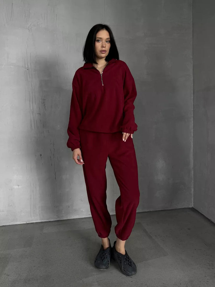 Damen lässiges Fleece-Jogginganzug Set mit Stehkragen und halbhohem Reißverschluss Drune