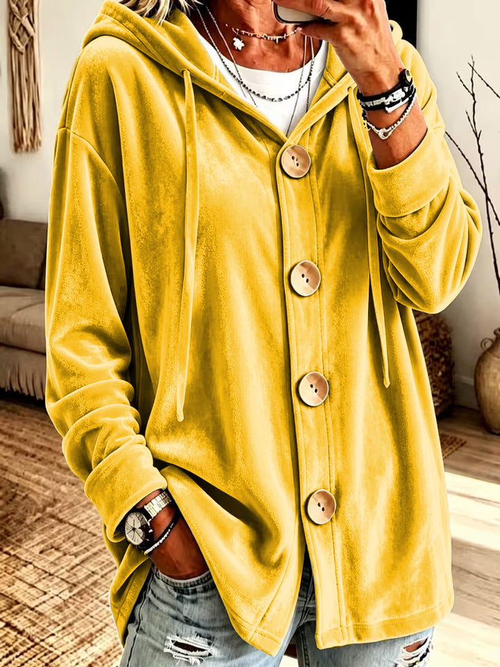 Damen Oversize Kapuzen-Samtjacke mit großen Holzknöpfen und weichem Veloursfutter Drune