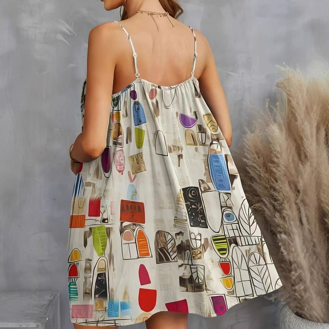 Damen luftiges Sommerkleid mit buntem geometrischem Muster und Kreuzträgern Drune