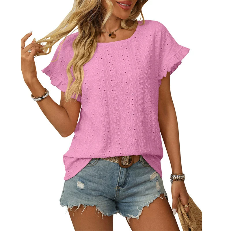 Damen Chiffonbluse mit Spitzenärmeln und feinem Lochmuster Drune