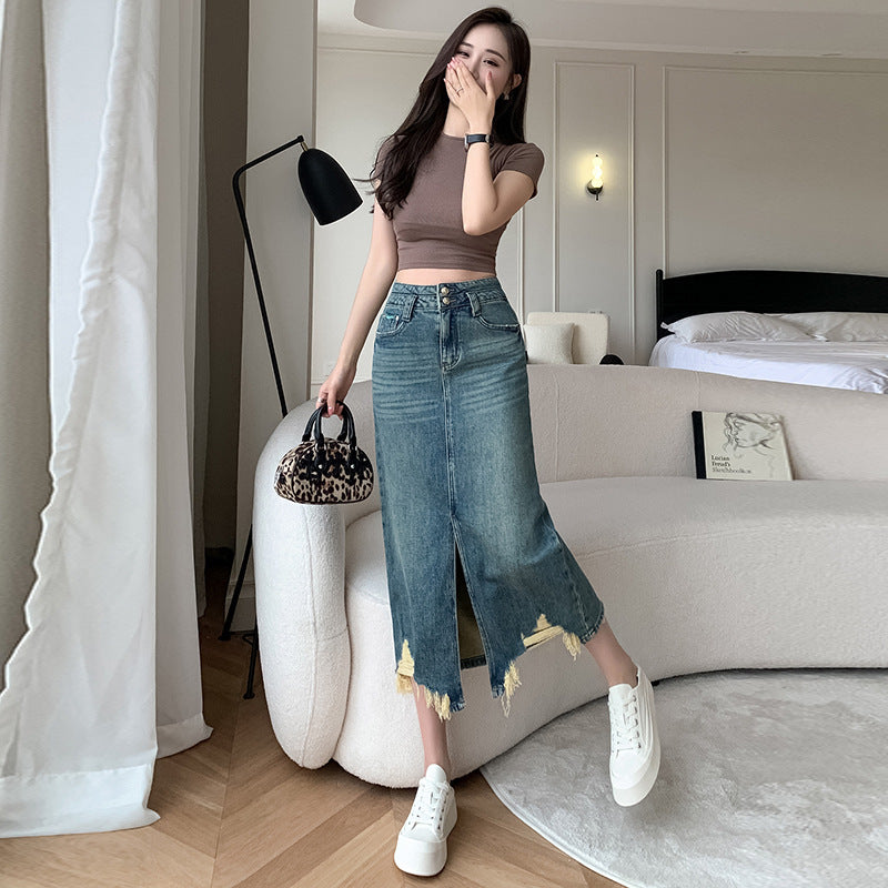 Damen Langer Denimrock mit seitlichem Schlitz und fransigem Saum Drune