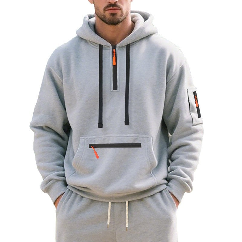 Herren Oversize-Kapuzenpullover mit halbem Reißverschluss, Kängurutasche mit Reißverschluss und Ärmel-Pocket Drune