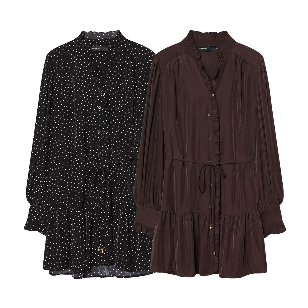 Damen nan gepunktetes Midikleid mit Rüschenblende, Taillenzug und stufigem Volantrock Drune