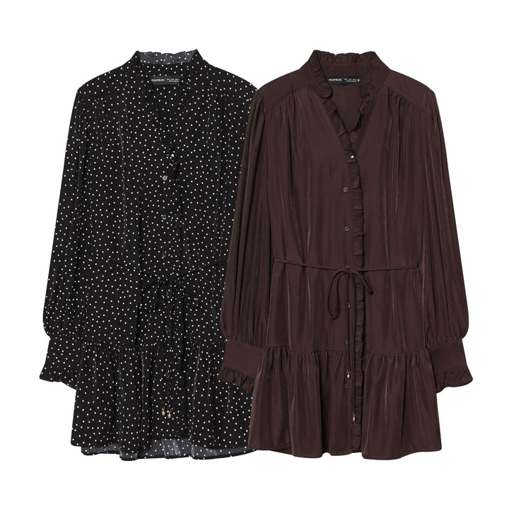 Damen nan gepunktetes Midikleid mit Rüschenblende, Taillenzug und stufigem Volantrock Drune