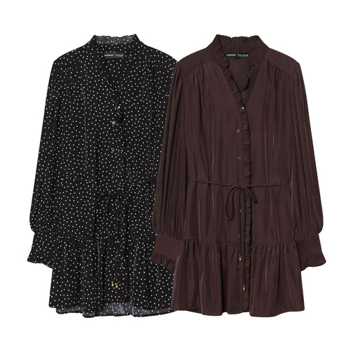 Damen nan gepunktetes Midikleid mit Rüschenblende, Taillenzug und stufigem Volantrock Drune