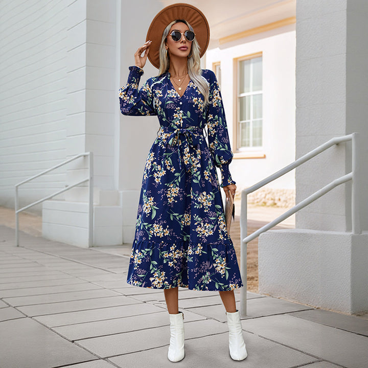 Damen Florales Langarmkleid mit Taillengürtel Drune