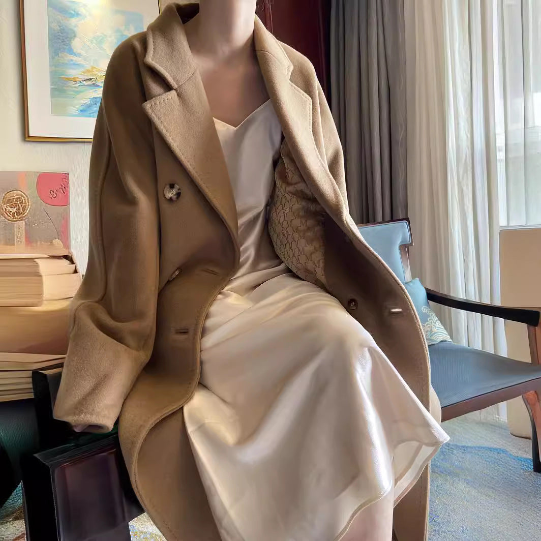 Damen Eleganter Doppeltbreasted Wollmantel Drune