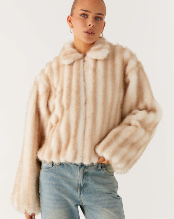 Damen Kurzjacke aus luxuriösem Hochflor-Kunstpelz mit Reißverschluss und voluminösen Ärmeln Drune