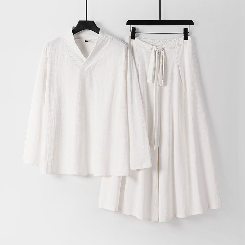 Damen Leichtes Leinen-Baumwoll Loungewear-Set mit V-Ausschnitt, weitem Midirock und Bindegürtel Drune