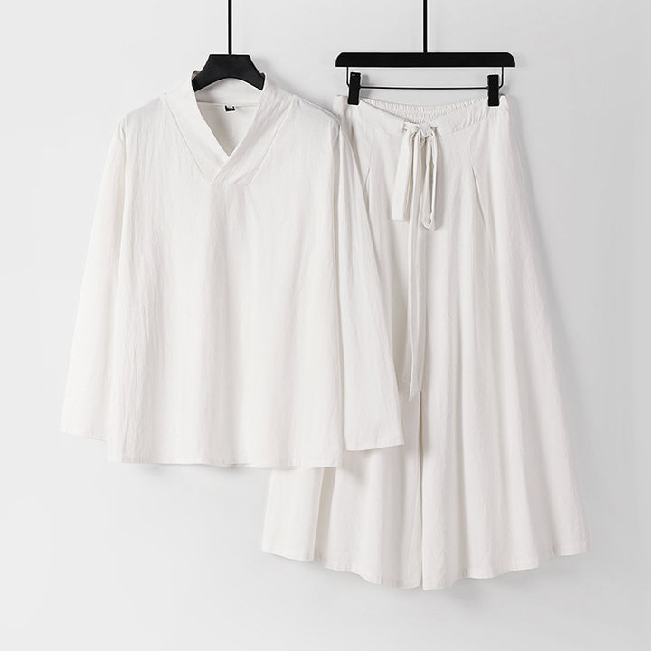 Damen Leichtes Leinen-Baumwoll Loungewear-Set mit V-Ausschnitt, weitem Midirock und Bindegürtel Drune