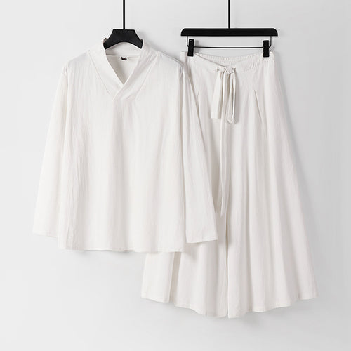 Damen Leichtes Leinen-Baumwoll Loungewear-Set mit V-Ausschnitt, weitem Midirock und Bindegürtel Drune