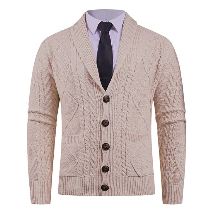 Herren nan Strickcardigan mit Schalkragen, Zopfmuster, aufgesetzten Taschen und Knopfleiste Drune