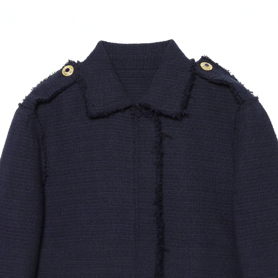 Damen Bouclé‑Tweed Kurzjacke mit Fransenbesatz, Schulterpatten und aufgesetzten Taschen Drune